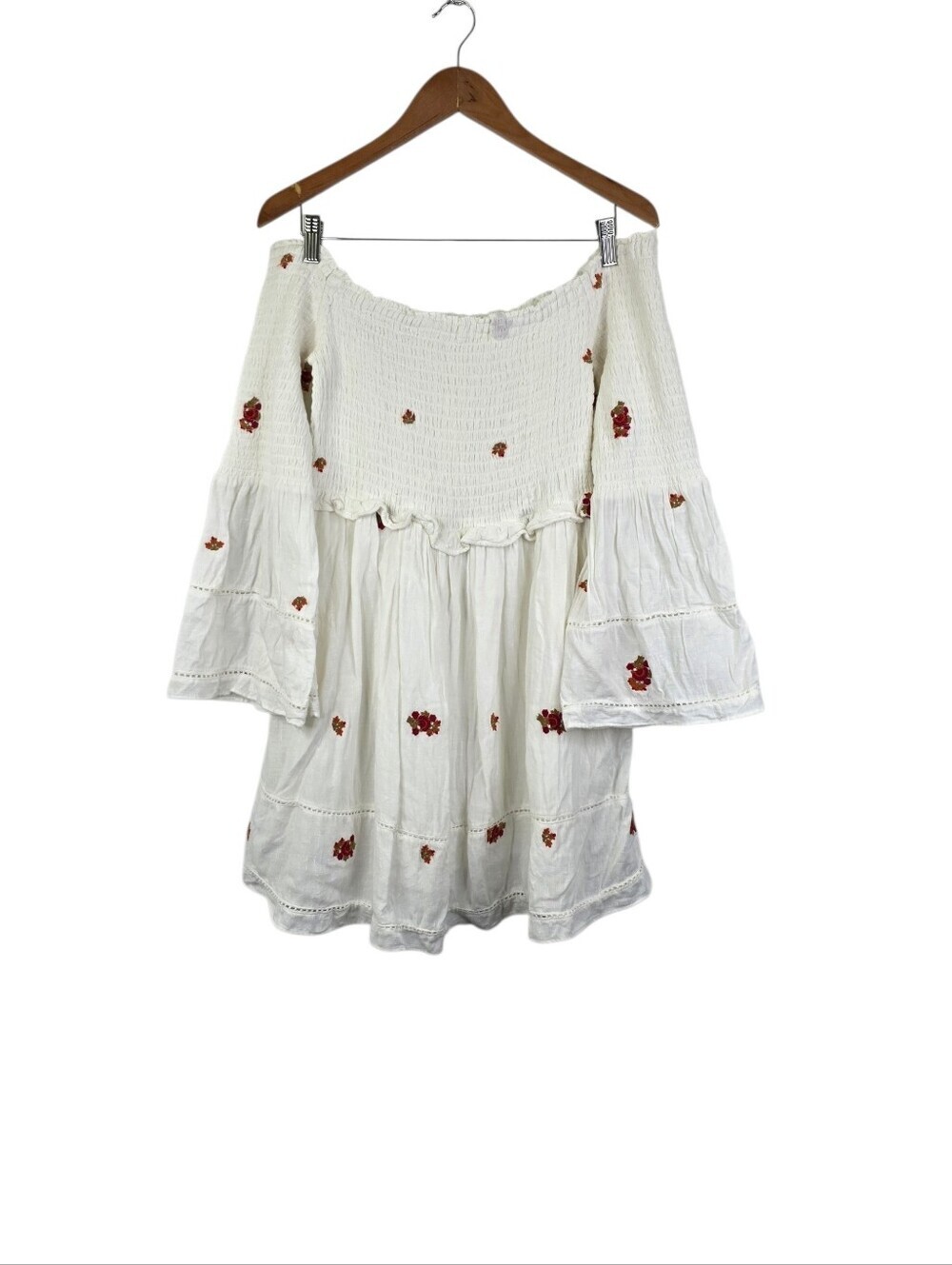 Free People White Counting Daisies Off-The-Shoulder Boho Mini Dress Size Large